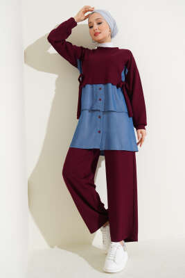 Loyşa Kot Garnili Bağlamalı İkili Takım Bordo 