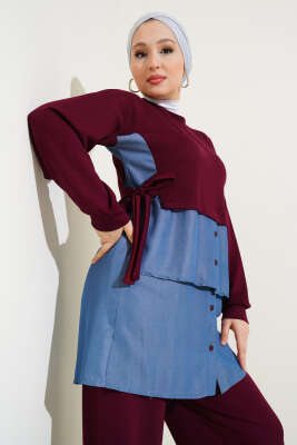 Loyşa Kot Garnili Bağlamalı İkili Takım Bordo - İkili Takım