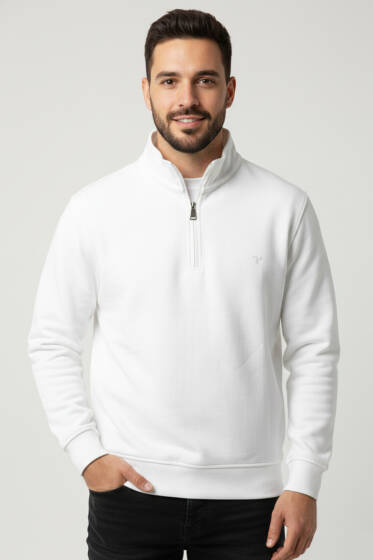 Loyşa Kumaş Yarım Fermuar Erkek Sweatshirt Ekru - Erkek Sweatshirt