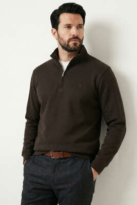 Loyşa Kumaş Yarım Fermuar Erkek Sweatshirt Kahve 