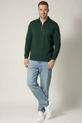 Loyşa Kumaş Yarım Fermuar Erkek Sweatshirt Nefti - Erkek Sweatshirt