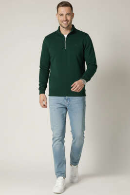 Loyşa Kumaş Yarım Fermuar Erkek Sweatshirt Nefti - Erkek Sweatshirt