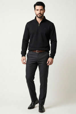 Loyşa Kumaş Yarım Fermuar Erkek Sweatshirt Siyah - Erkek Sweatshirt