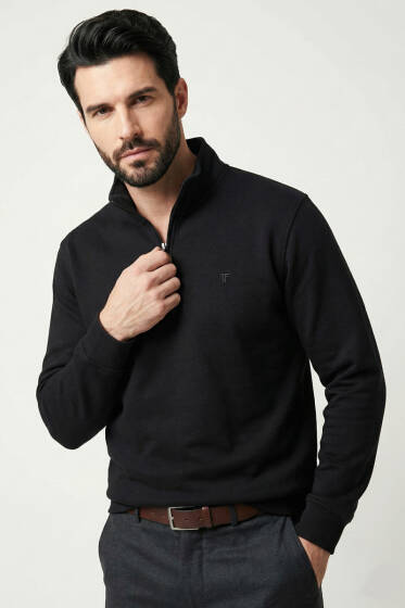 Loyşa Kumaş Yarım Fermuar Erkek Sweatshirt Siyah - Erkek Sweatshirt