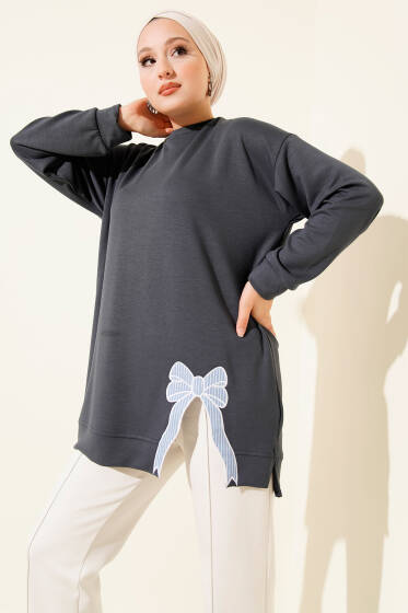 Loyşa Kurdele Nakış Detaylı Tunik Füme - Tunik