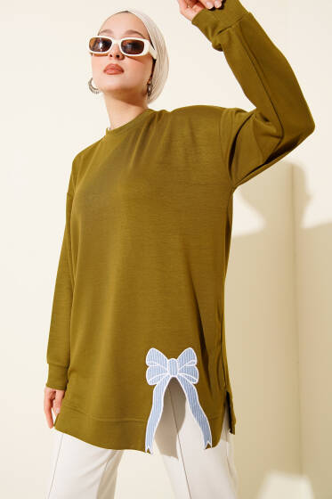 Loyşa Kurdele Nakış Detaylı Tunik Zeytin Yeşili - Tunik