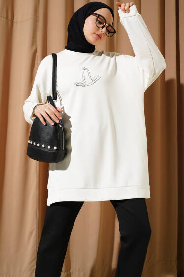 Loyşa Kuş Taşlı Tunik Ekru - Tunik
