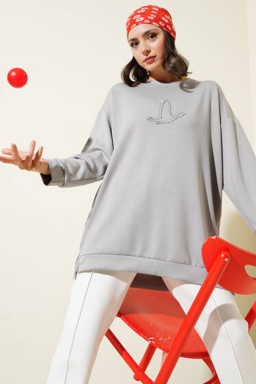 Loyşa Kuş Taşlı Tunik Kayrak Grisi - Tunik