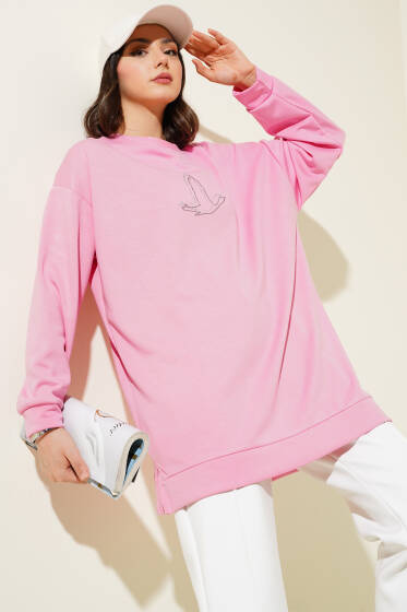 Loyşa Kuş Taşlı Tunik Pembe - Tunik