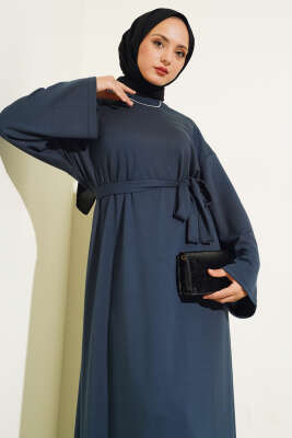 Loyşa Kuşaklı Basic Elbise Füme - Tesettür Elbise