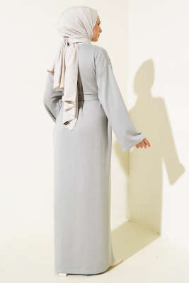 Loyşa Kuşaklı Basic Elbise Gri - Tesettür Elbise