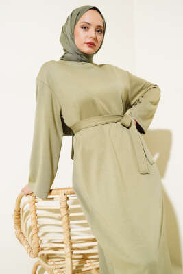 Loyşa Kuşaklı Basic Elbise Haki - Tesettür Elbise