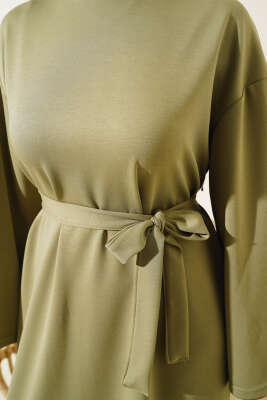 Loyşa Kuşaklı Basic Elbise Haki - Tesettür Elbise