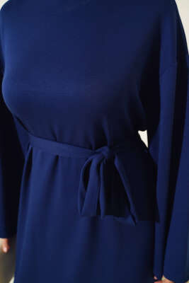 Loyşa Kuşaklı Basic Elbise Lacivert - Tesettür Elbise