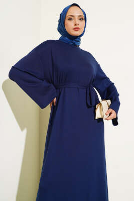 Loyşa Kuşaklı Basic Elbise Lacivert - Tesettür Elbise