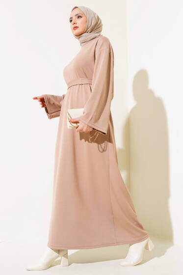 Loyşa Kuşaklı Basic Elbise Latte - Elbise