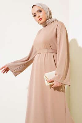 Loyşa Kuşaklı Basic Elbise Latte - Tesettür Elbise