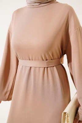 Loyşa Kuşaklı Basic Elbise Latte - Tesettür Elbise