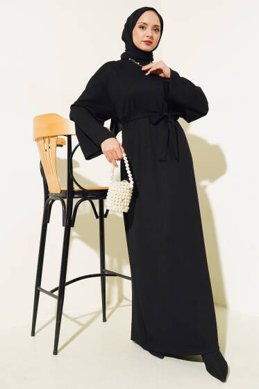 Loyşa Kuşaklı Basic Elbise Siyah - Elbise