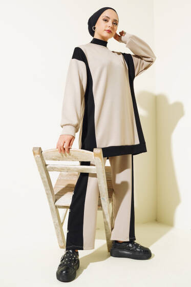 Loyşa Metal Düğme Detay İkili Takım Bej - İkili Takım