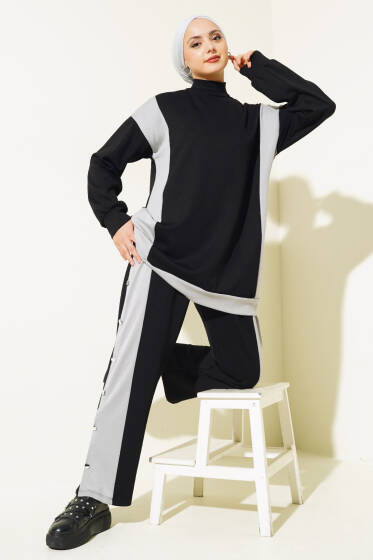 Loyşa Metal Düğme Detay İkili Takım Siyah - İkili Takım