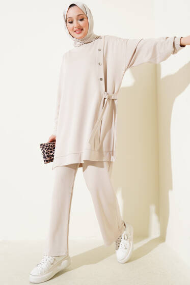 Loyşa Metal Düğme Detaylı İkili Takım Bej - İkili Takım