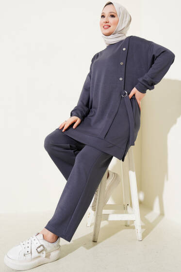 Loyşa Metal Düğme Detaylı İkili Takım Füme - İkili Takım