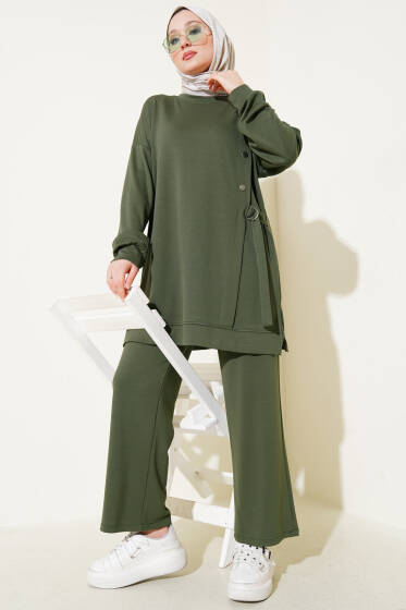 Loyşa Metal Düğme Detaylı İkili Takım Haki - İkili Takım