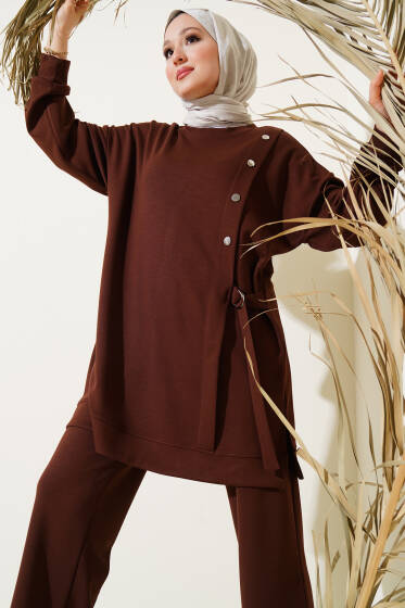 Loyşa Metal Düğme Detaylı İkili Takım Kahve - İkili Takım