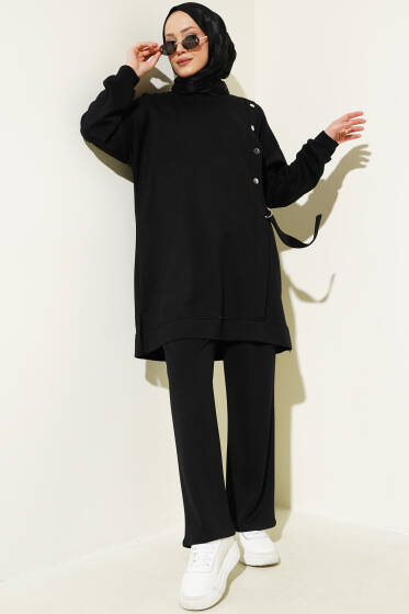 Loyşa Metal Düğme Detaylı İkili Takım Siyah - İkili Takım