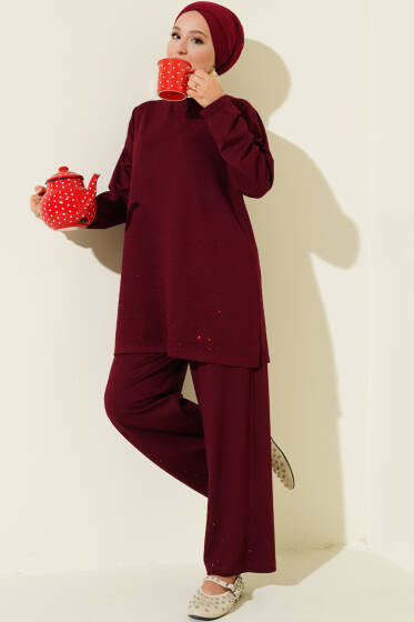 Loyşa Mini Taş Süslemeli İkili Takım Bordo - İkili Takım