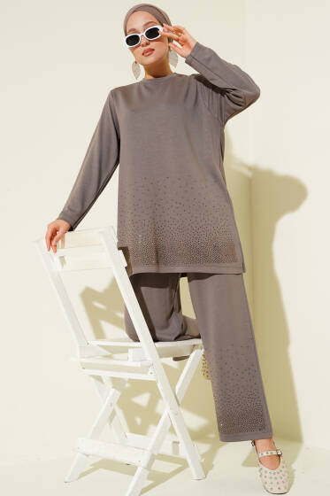 Loyşa Mini Taş Süslemeli İkili Takım Vizon - İkili Takım