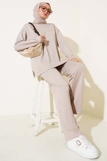 Loyşa Mini Taşlı Süslemeli İkili Takım Bej - İkili Takım