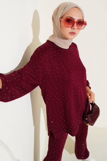 Loyşa Mini Taşlı Süslemeli İkili Takım Bordo - İkili Takım