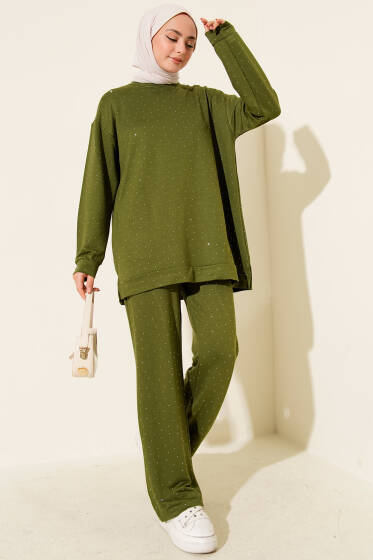 Loyşa Mini Taşlı Süslemeli İkili Takım Haki - İkili Takım