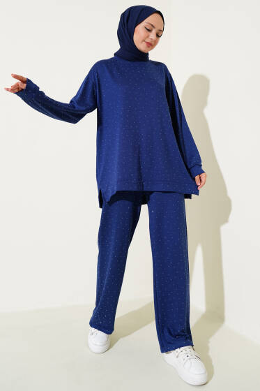 Loyşa Mini Taşlı Süslemeli İkili Takım Lacivert - İkili Takım