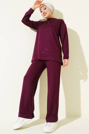 Loyşa Mini Taşlı Süslemeli İkili Takım Mürdüm - İkili Takım