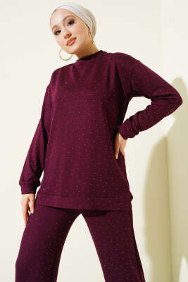 Loyşa Mini Taşlı Süslemeli İkili Takım Mürdüm - İkili Takım