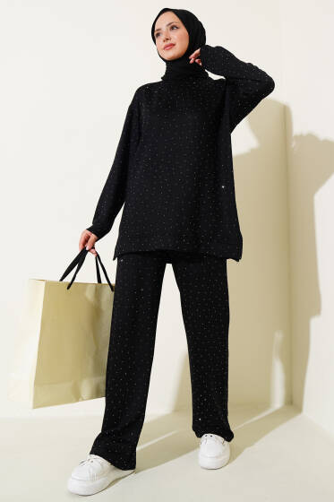 Loyşa Mini Taşlı Süslemeli İkili Takım Siyah - İkili Takım