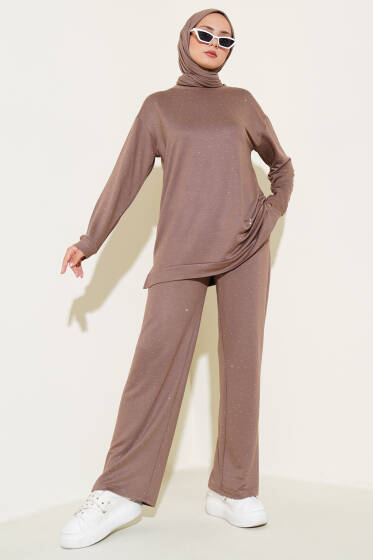 Loyşa Mini Taşlı Süslemeli İkili Takım Vizon - İkili Takım