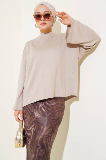 Loyşa Mini Yıldız Taşlı Bluz Bej - Yılın Fırsatı