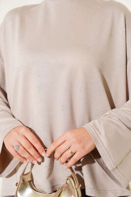 Loyşa Mini Yıldız Taşlı Bluz Bej - Yılın Fırsatı