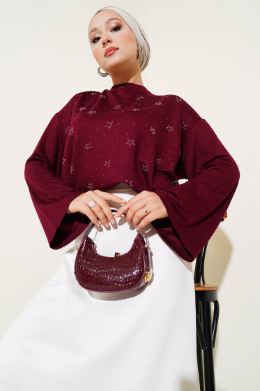 Loyşa Mini Yıldız Taşlı Bluz Bordo - Bluz