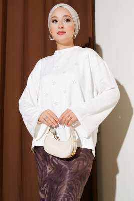 Loyşa Mini Yıldız Taşlı Bluz Ekru - Yılın Fırsatı