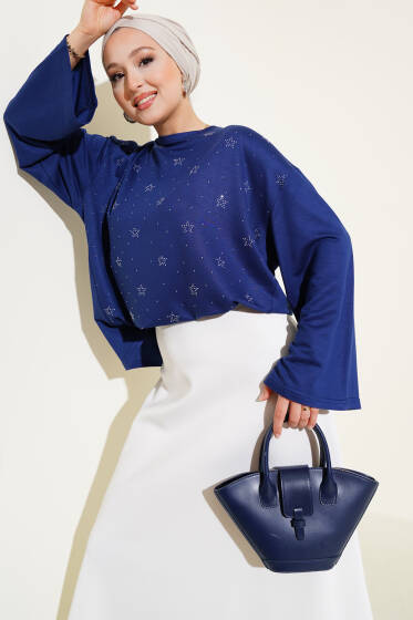 Loyşa Mini Yıldız Taşlı Bluz Lacivert - Bluz