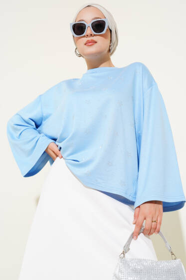 Loyşa Mini Yıldız Taşlı Bluz Mavi - Yılın Fırsatı