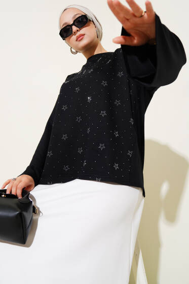 Loyşa Mini Yıldız Taşlı Bluz Siyah - Bluz