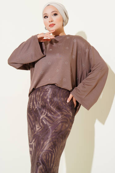 Loyşa Mini Yıldız Taşlı Bluz Vizon - Bluz