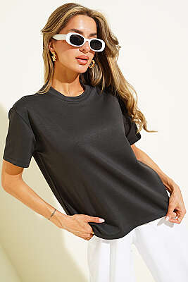 Loyşa Omuz Dikişli T-shirt Füme - DESTİNA