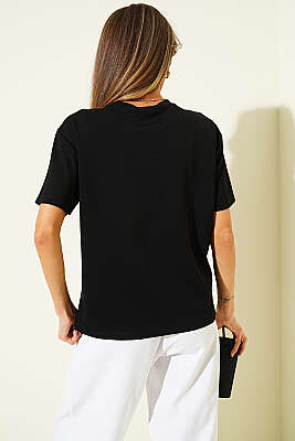 Loyşa Omuz Dikişli T-shirt Siyah - Kadın Siyah T-shirt